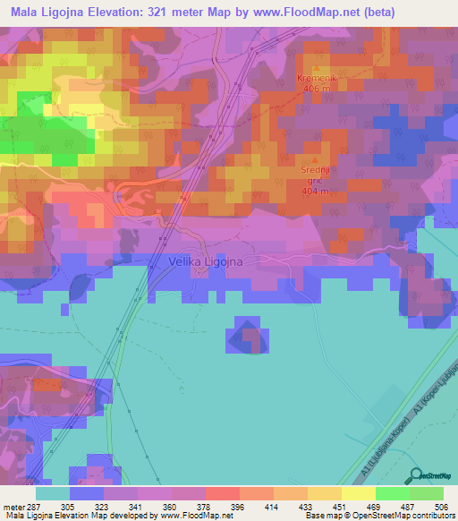 Mala Ligojna,Slovenia Elevation Map