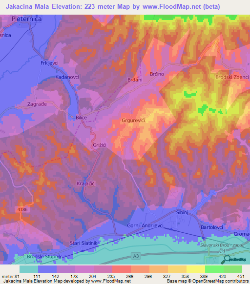 Jakacina Mala,Croatia Elevation Map