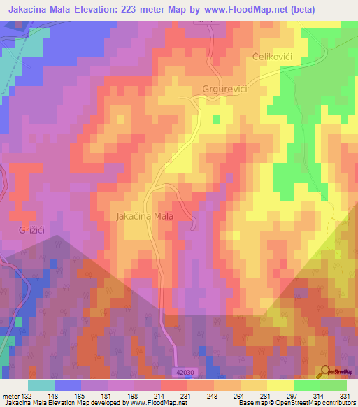 Jakacina Mala,Croatia Elevation Map