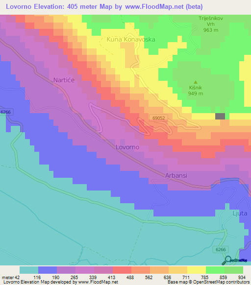 Lovorno,Croatia Elevation Map