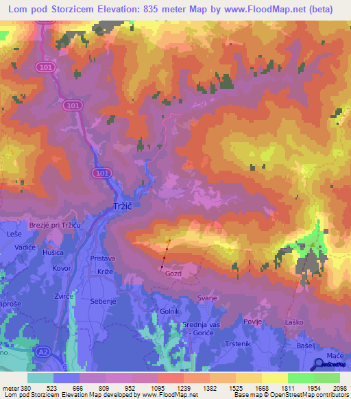 Lom pod Storzicem,Slovenia Elevation Map