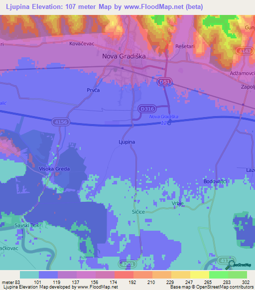 Ljupina,Croatia Elevation Map