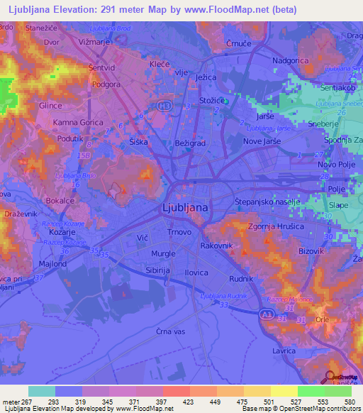 Ljubljana,Slovenia Elevation Map