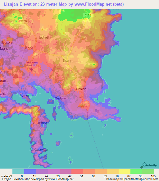 Liznjan,Croatia Elevation Map