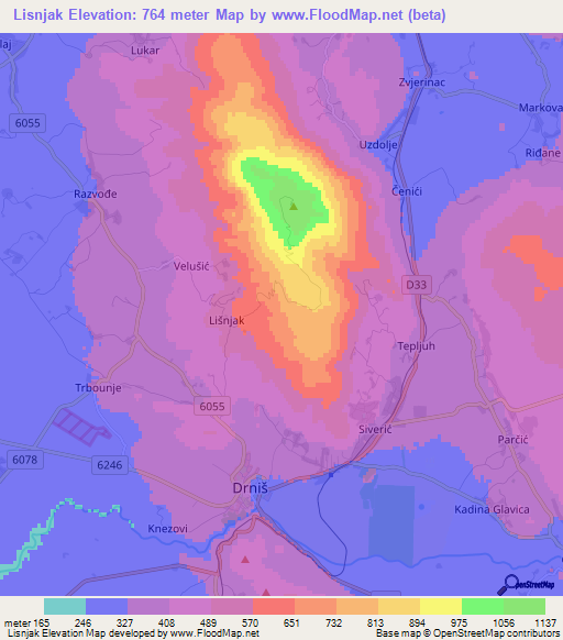 Lisnjak,Croatia Elevation Map