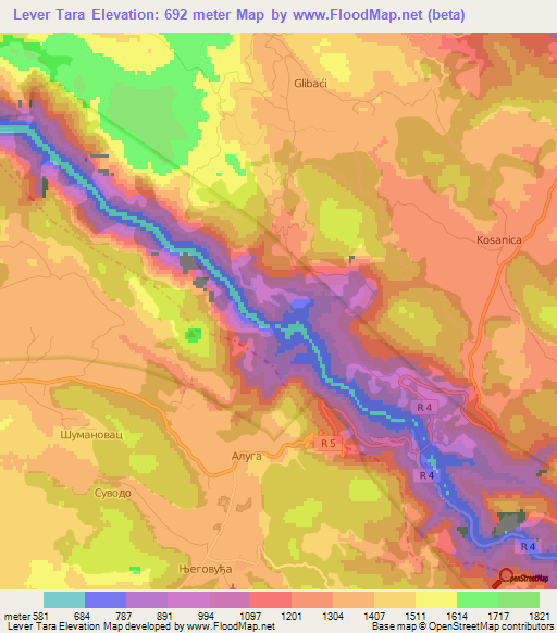 Lever Tara,Montenegro Elevation Map