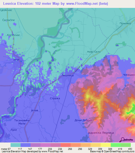 Lesnica,Serbia Elevation Map