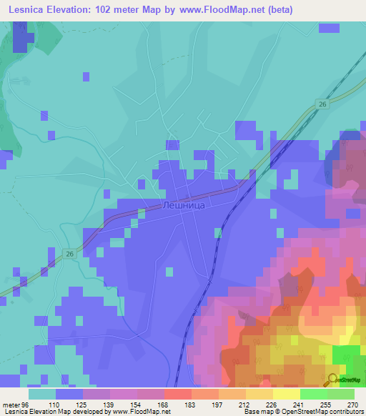 Lesnica,Serbia Elevation Map