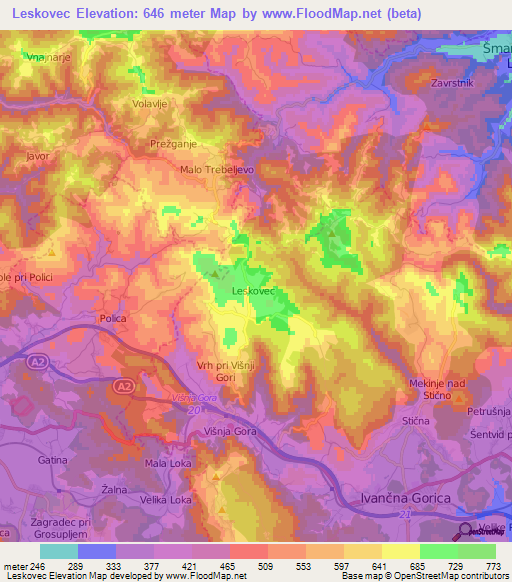 Leskovec,Slovenia Elevation Map