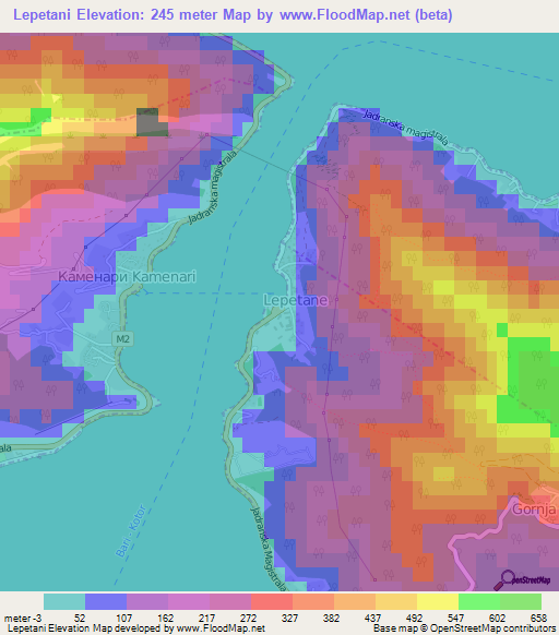 Lepetani,Montenegro Elevation Map