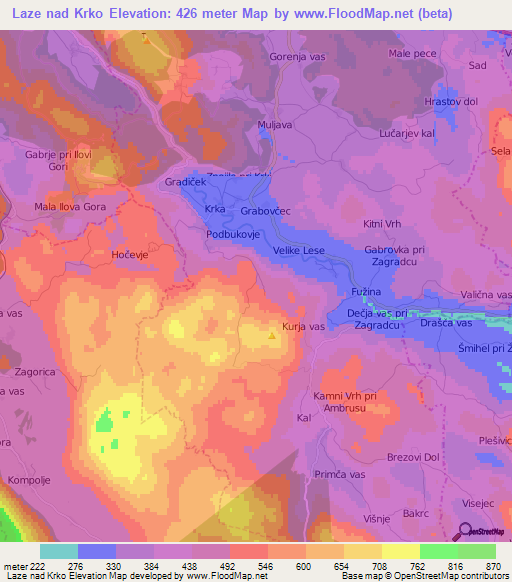 Laze nad Krko,Slovenia Elevation Map