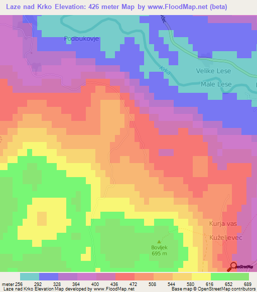 Laze nad Krko,Slovenia Elevation Map