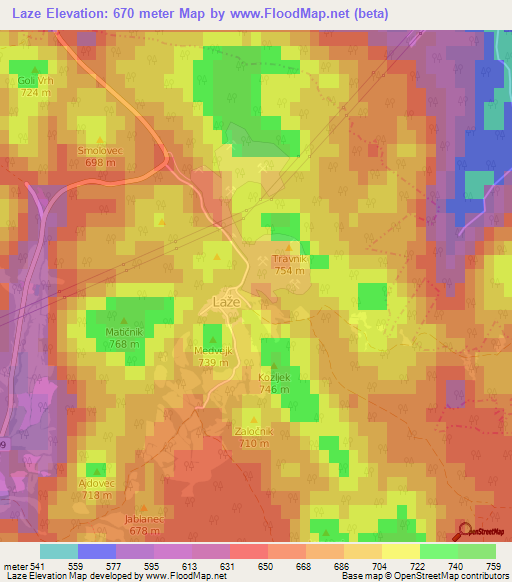 Laze,Slovenia Elevation Map