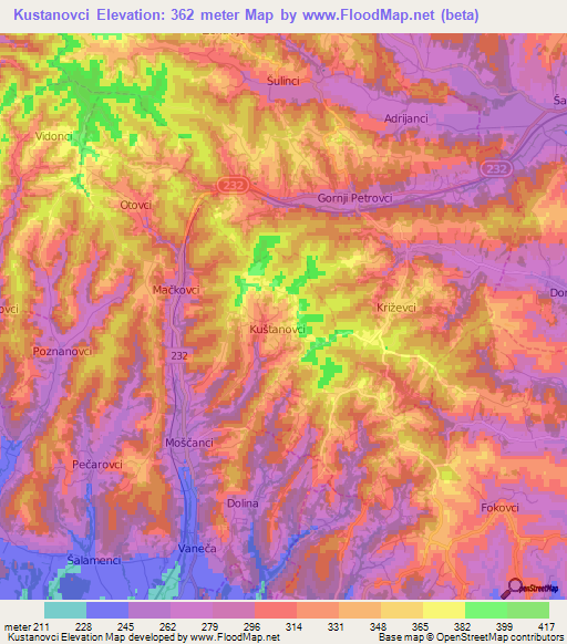 Kustanovci,Slovenia Elevation Map