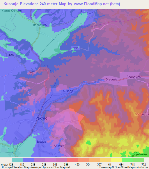 Kusonje,Croatia Elevation Map