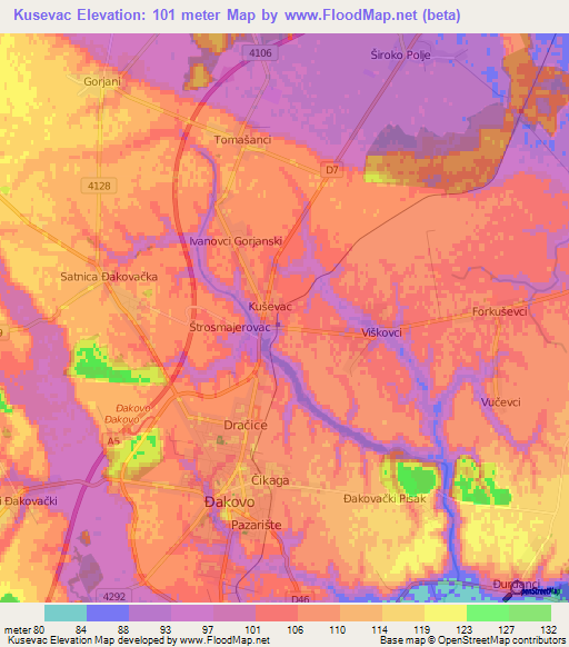 Kusevac,Croatia Elevation Map