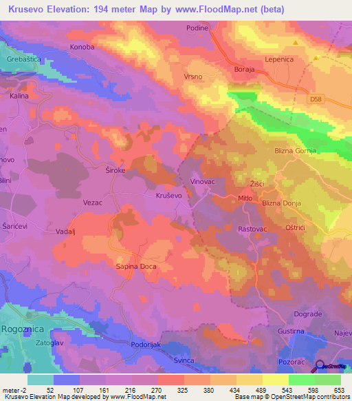 Krusevo,Croatia Elevation Map