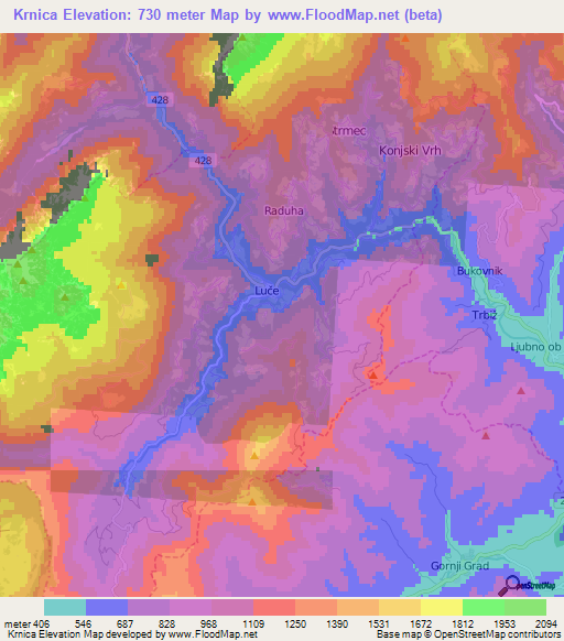 Krnica,Slovenia Elevation Map