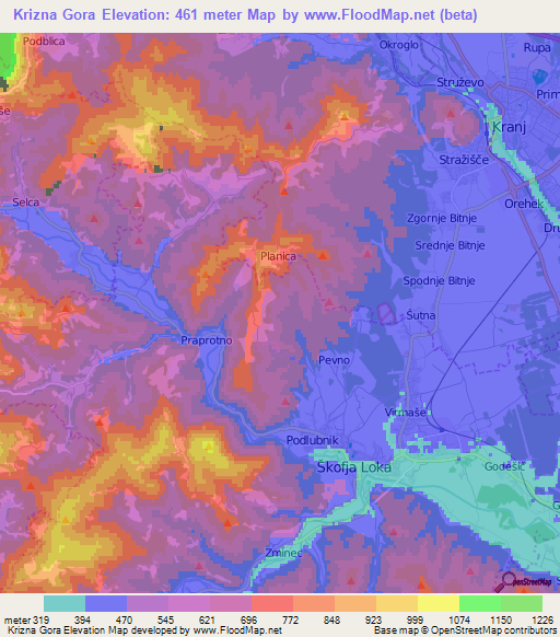 Krizna Gora,Slovenia Elevation Map