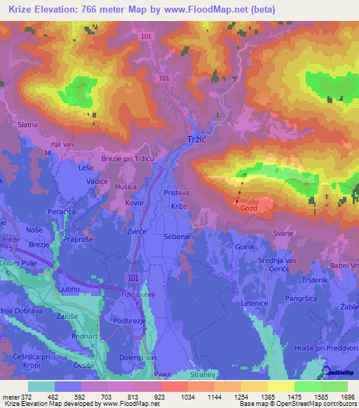 Krize,Slovenia Elevation Map