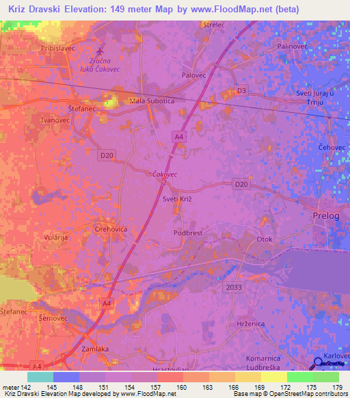 Kriz Dravski,Croatia Elevation Map