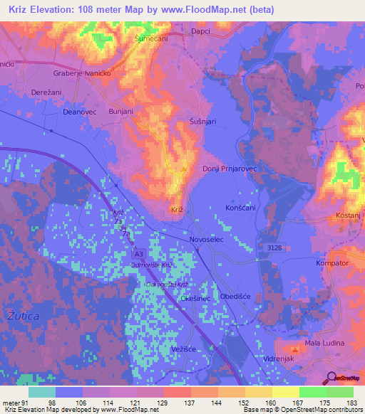 Kriz,Croatia Elevation Map