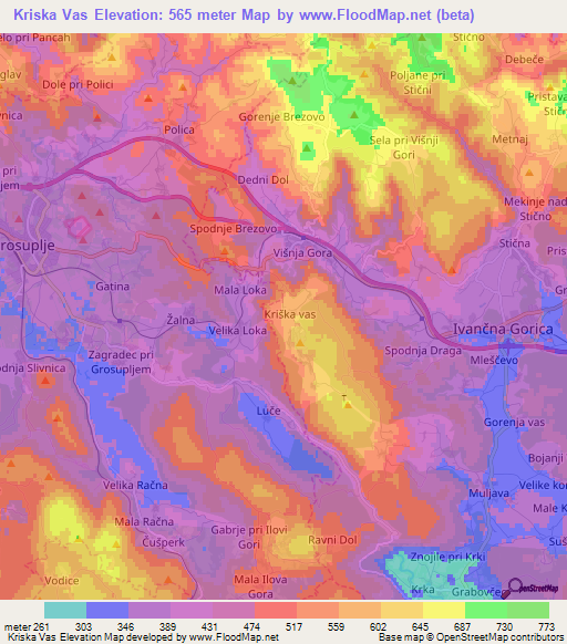 Kriska Vas,Slovenia Elevation Map