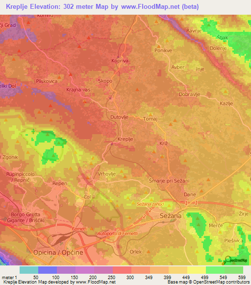 Kreplje,Slovenia Elevation Map