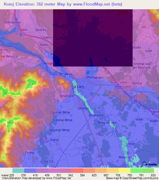 Kranj,Slovenia Elevation Map
