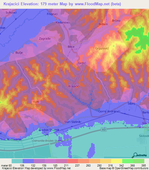 Krajacici,Croatia Elevation Map