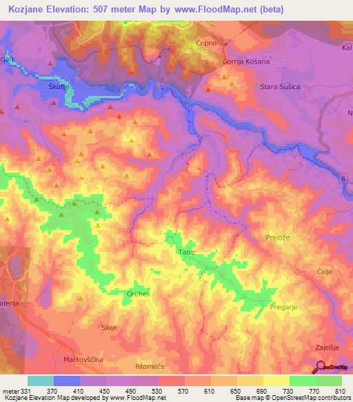 Kozjane,Slovenia Elevation Map