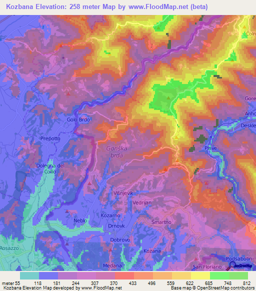 Kozbana,Slovenia Elevation Map