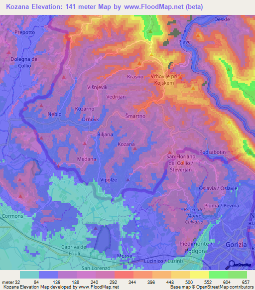 Kozana,Slovenia Elevation Map