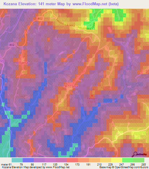 Kozana,Slovenia Elevation Map