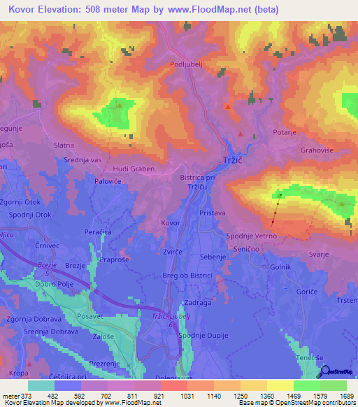 Kovor,Slovenia Elevation Map