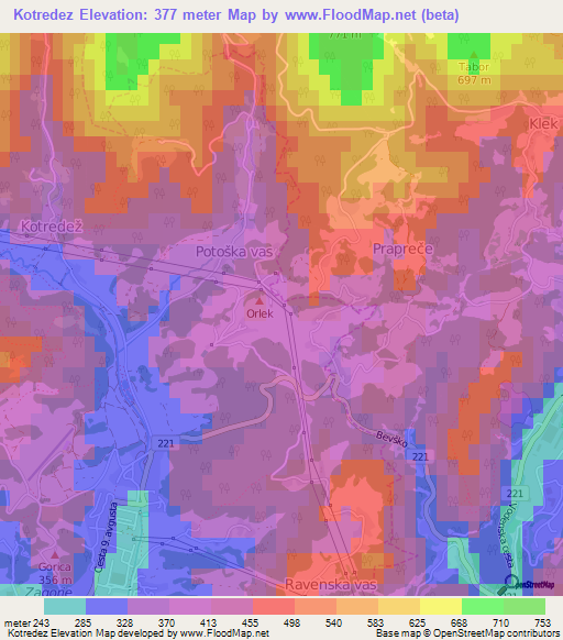 Kotredez,Slovenia Elevation Map