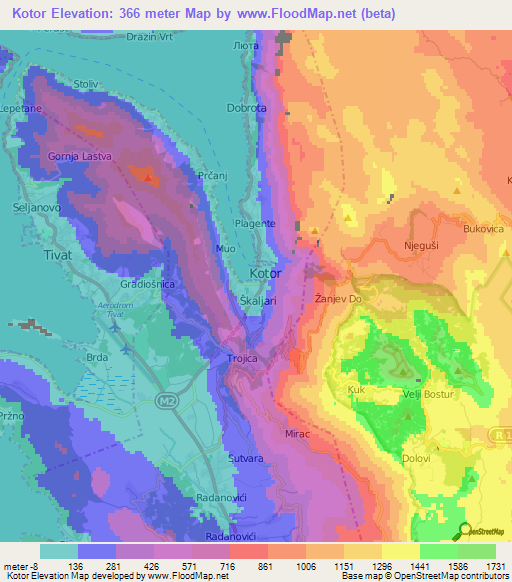 Kotor,Montenegro Elevation Map