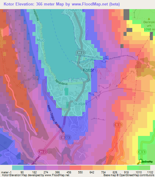 Kotor,Montenegro Elevation Map