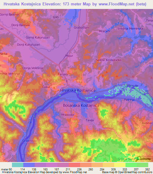 Hrvatska Kostajnica,Croatia Elevation Map