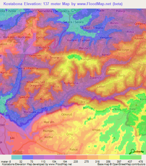 Kostabona,Slovenia Elevation Map