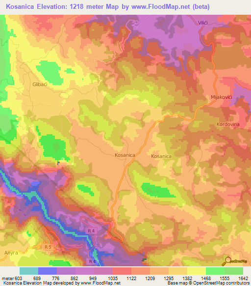 Kosanica,Montenegro Elevation Map