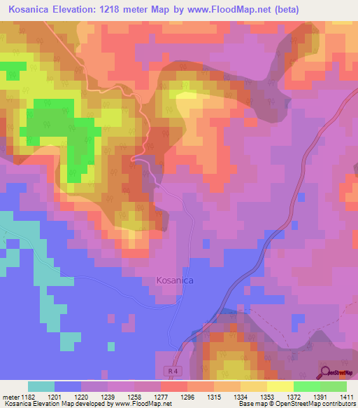 Kosanica,Montenegro Elevation Map