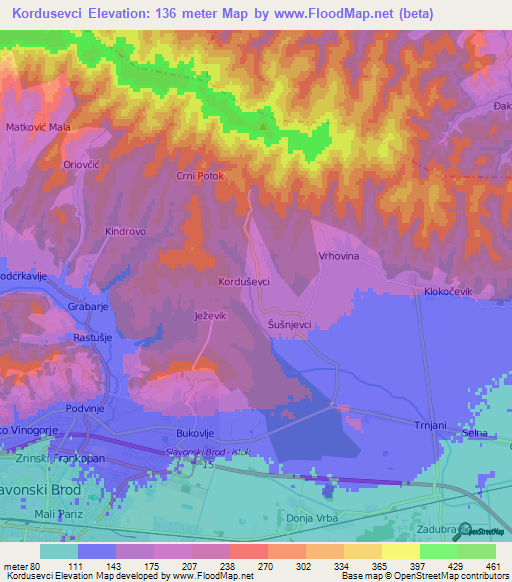 Kordusevci,Croatia Elevation Map