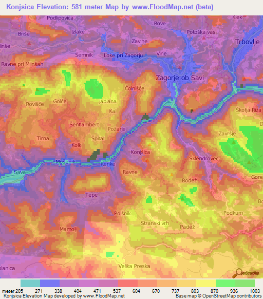 Konjsica,Slovenia Elevation Map