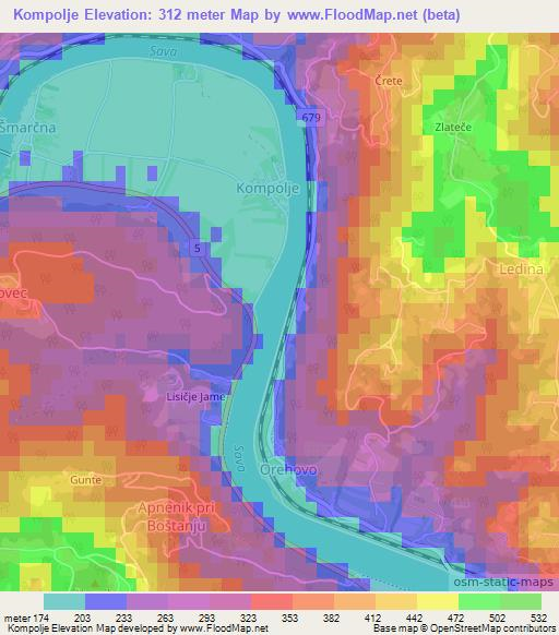 Kompolje,Slovenia Elevation Map