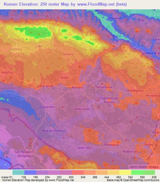 Komen,Slovenia Elevation Map