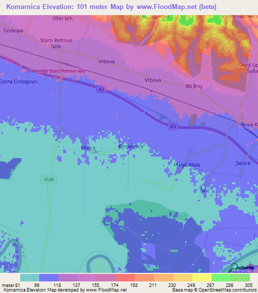 Komarnica,Croatia Elevation Map