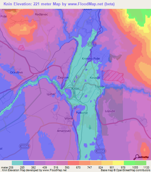 Knin,Croatia Elevation Map