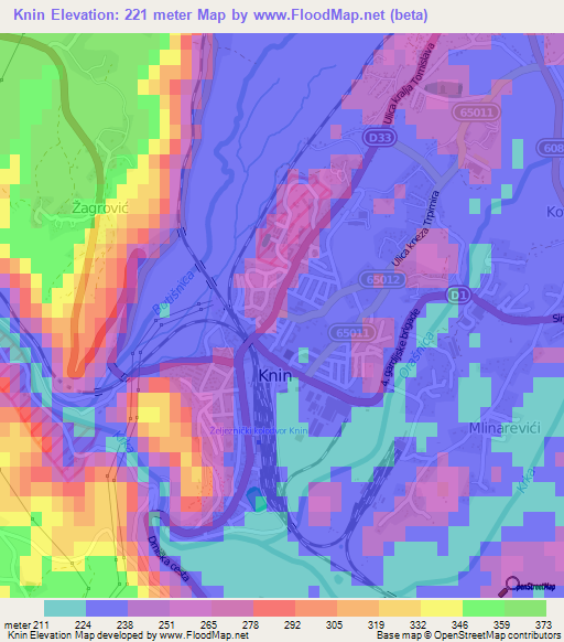 Knin,Croatia Elevation Map