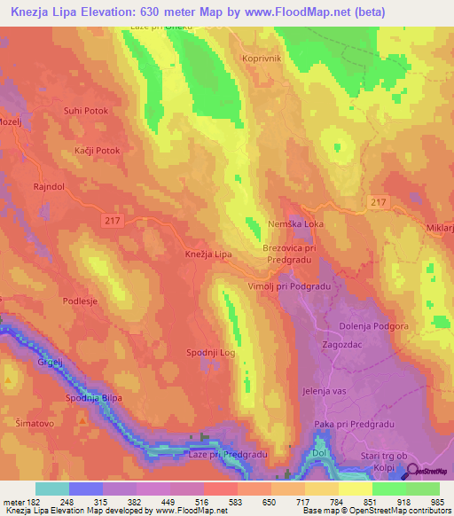 Knezja Lipa,Slovenia Elevation Map